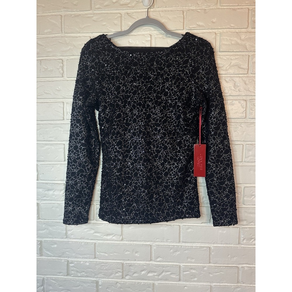 Jennifer Lopez Black with Metallic Silver Long Sleeve V-Back Top Size S‎ NWT